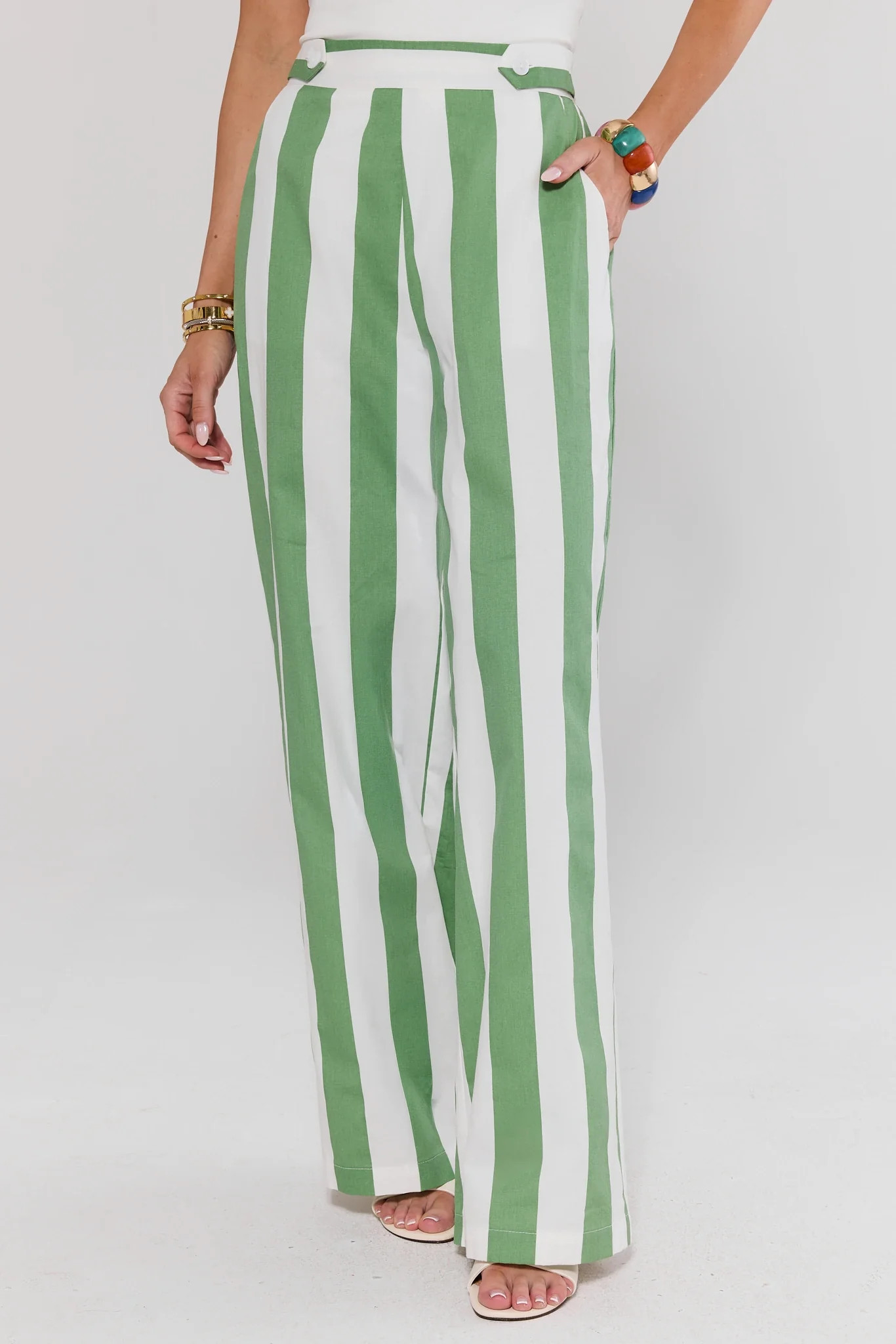 Green Striped Tailored Wide Leg Pants | Avara