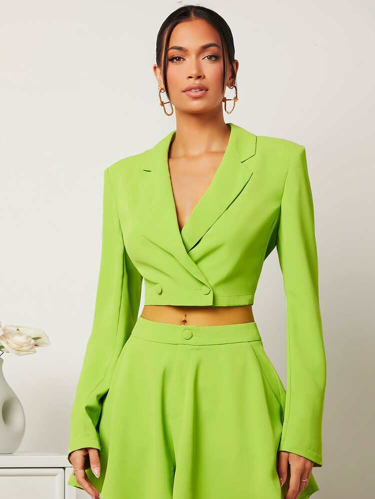 New
     
      SHEIN Neon Green Lapel Neck Double Button Crop Blazer | SHEIN
