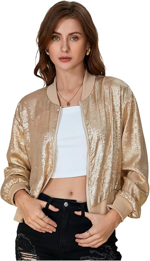SOLY HUX Women's Metallic Jacket Zip Up Long Sleeve Lightweight Outerwear Bomber Jackets | Amazon (US)