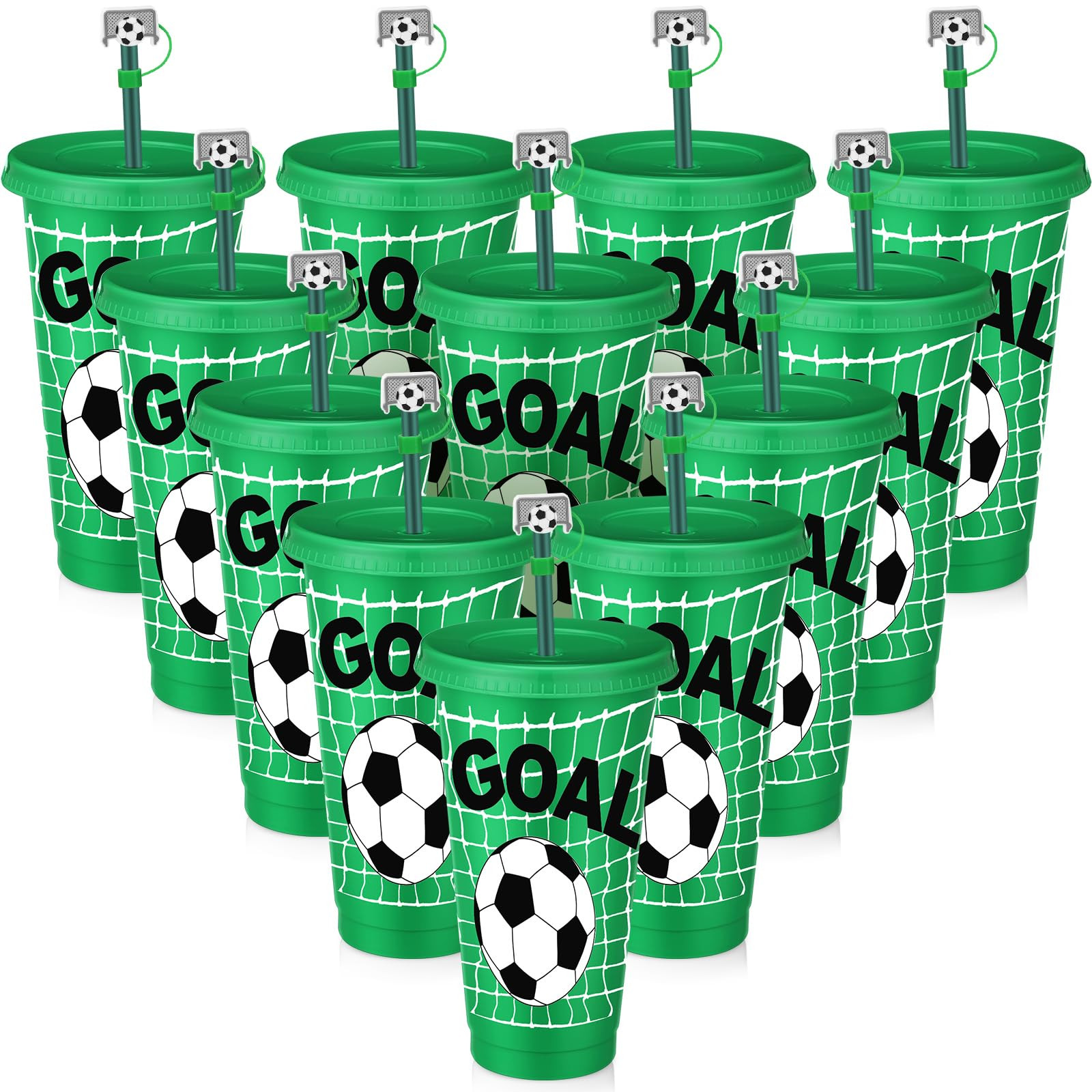 Domensi 12 Pcs Soccer Plastic Tumbler with Lid and Straw 24oz Reusable Plastic Cups with Straw Cover Caps Gifts for Fan Friend Guest Birthday Office Sport Party Supplies (Green Soccer) | Amazon (US)