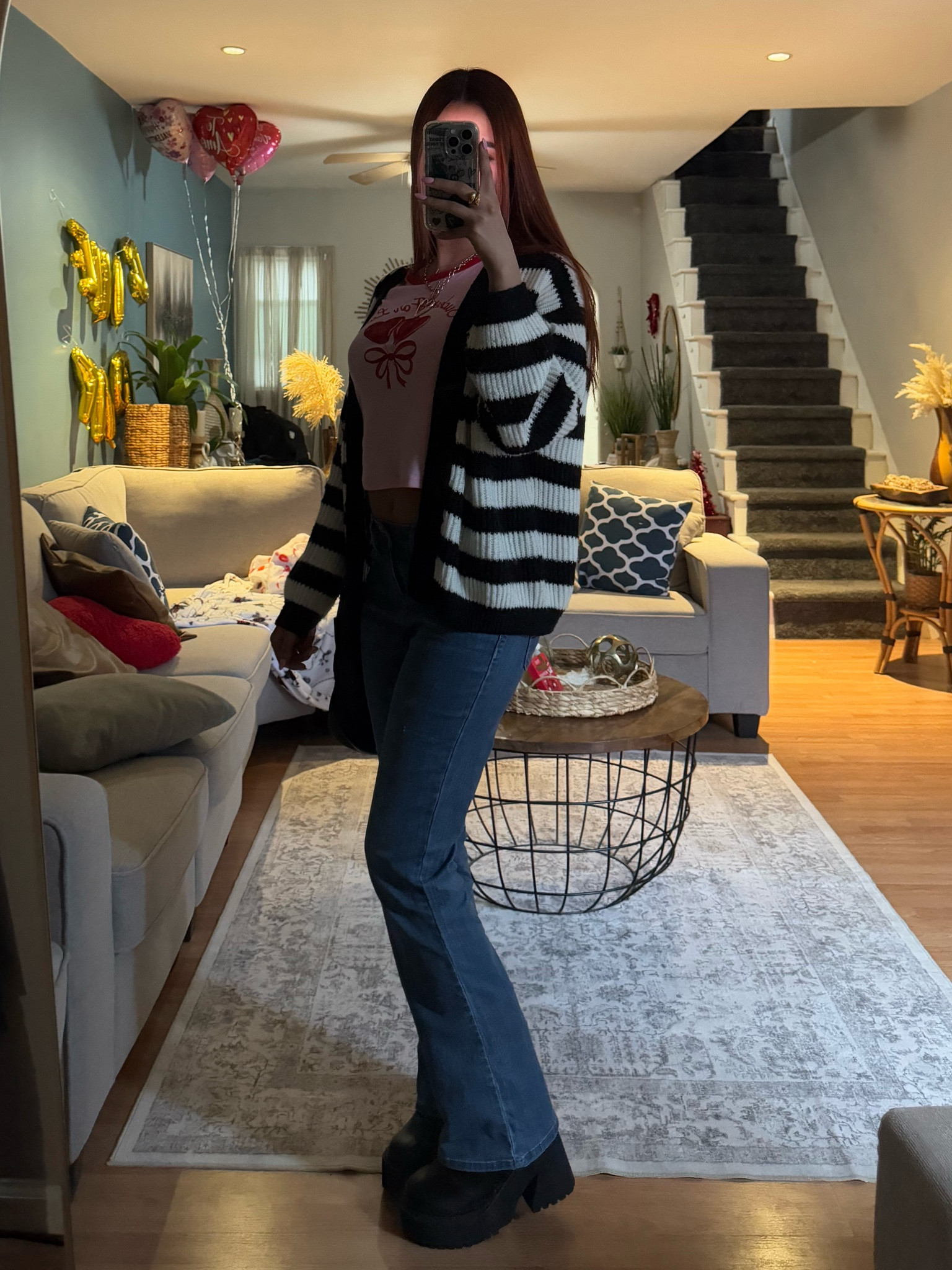 Casual outfit, graphic tshirt, pink shirt, medium denim jeans, wide bottom jeans, striped cardigan, black and white cardigan, platform boots, bratz boots, black platform boots 

#LTKSaleAlert #LTKStyleTip #LTKFindsUnder50