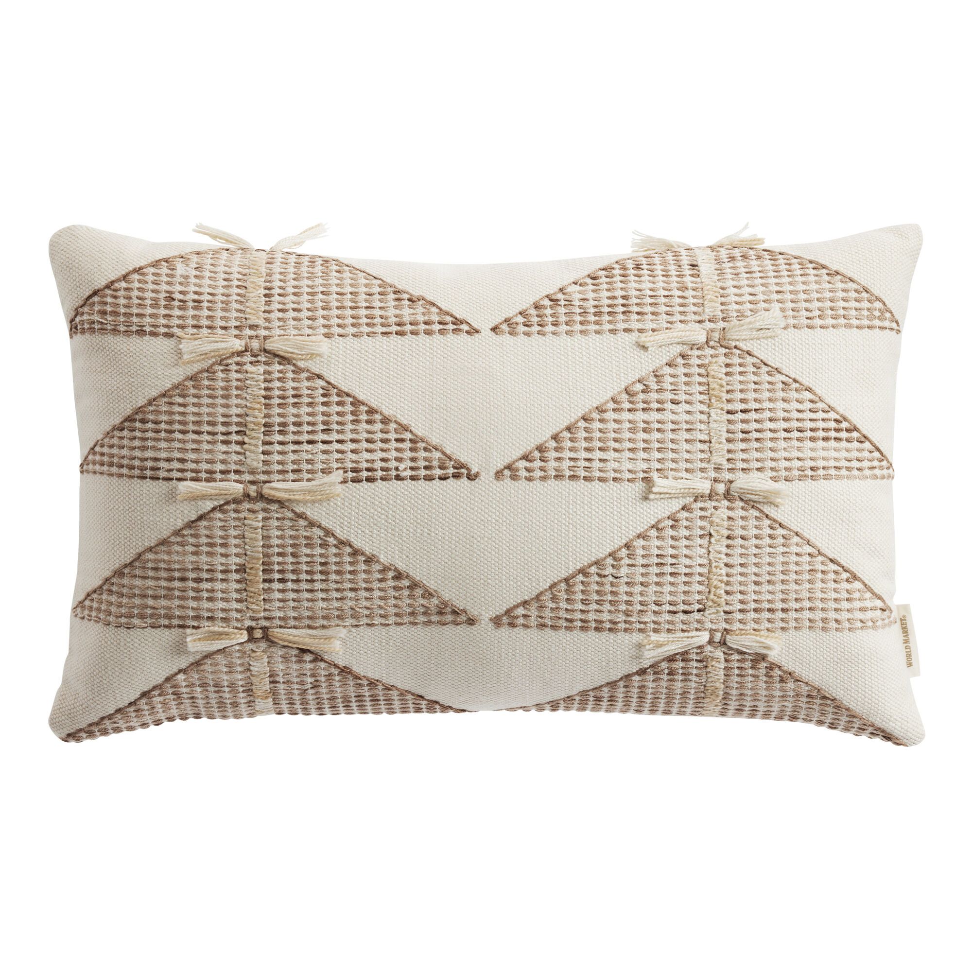 Ivory Embroidered Pyramids Indoor Outdoor Lumbar Pillow | World Market