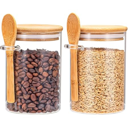 Glass Sugar Container with Spoon - 2 Pack 15oz Glass Jars with Bamboo Lid and Spoon, Bamboo Lid Storage Jar Canister for Coffee Beans, Spice, Brown Sugar, Tea, Flour, Nuts, Candy, Salts and More | Amazon (US)