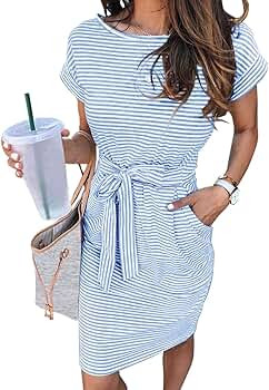 MEROKEETY Women's Summer Striped Short Sleeve T Shirt Dress Casual Tie Waist with Pockets | Amazon (US)