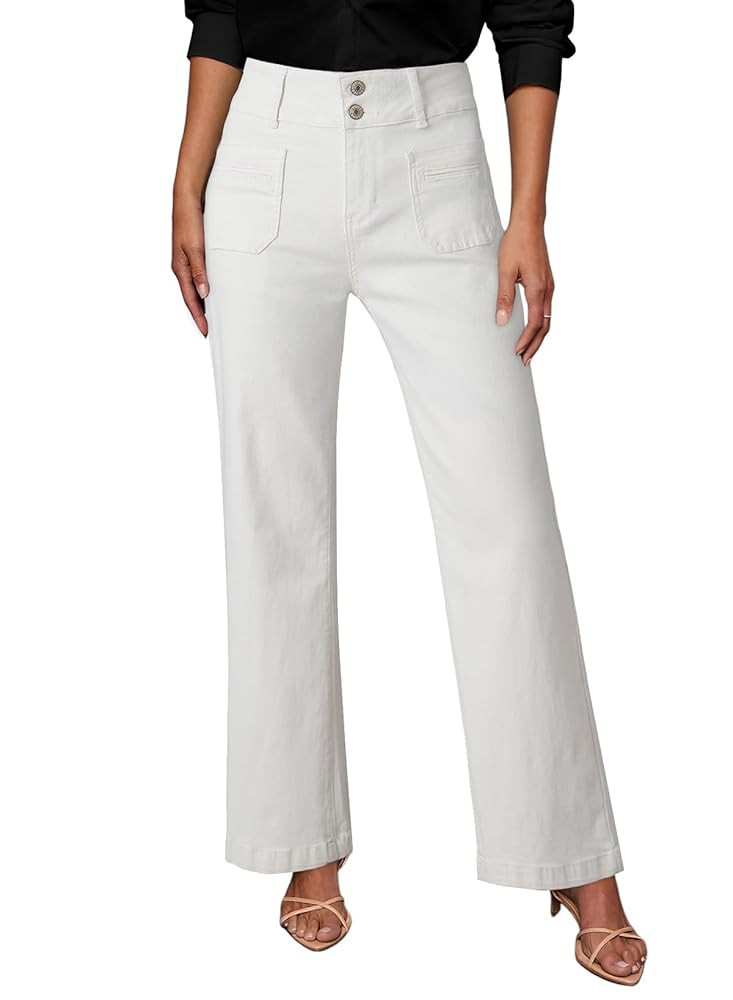 Sidefeel Women's Wide Leg Jeans High Waisted Tummy Control Stretchy Pockets Front Straight Leg Je... | Amazon (US)