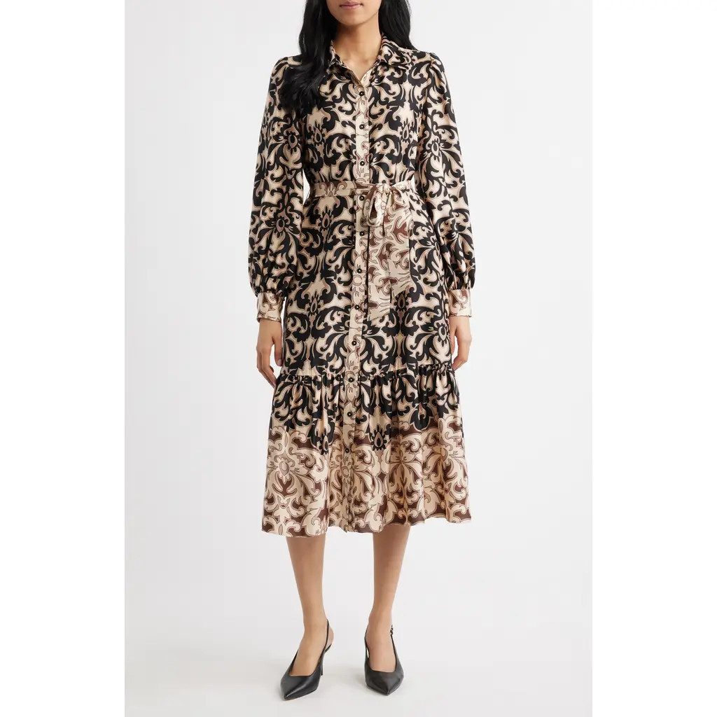 Julia Jordan Print Tie Waist Midi Shirtdress in Black/brown at Nordstrom, Size 2 | Nordstrom
