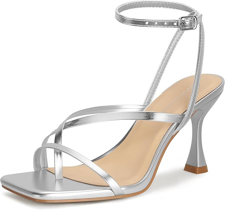 LOOPCHARM Women's Strappy High Heels Sandals Square Open Toe Ankle Strap Slingback Thong Stiletto... | Amazon (US)