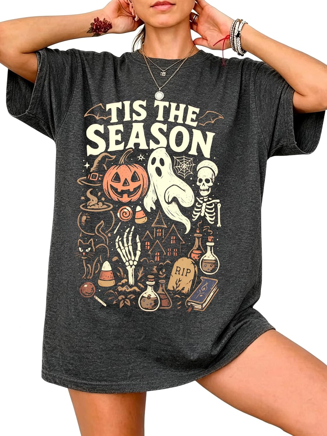 Tis The Season Halloween Shirts Women Oversized Spooky Season Ghost T-Shirt | Amazon (US)