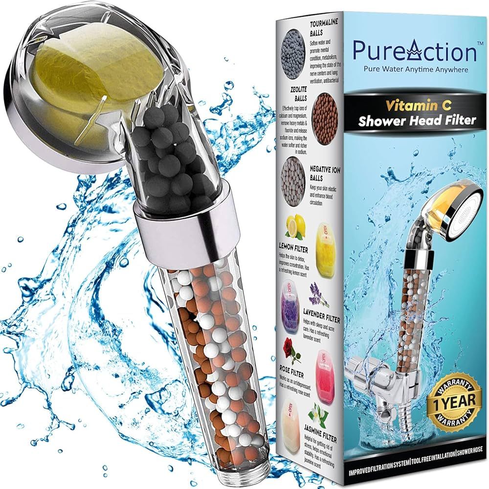 PureAction Vitamin C Shower Head with Hose & Replacement Filters - Hard Water Softener - Chlorine... | Amazon (US)