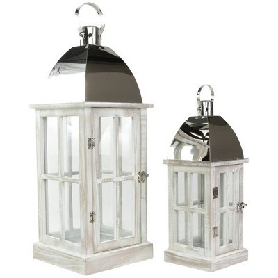 Northlight Set of 2 Antique White Wood Candle Lanterns with Silver Tops 21.5" | Target