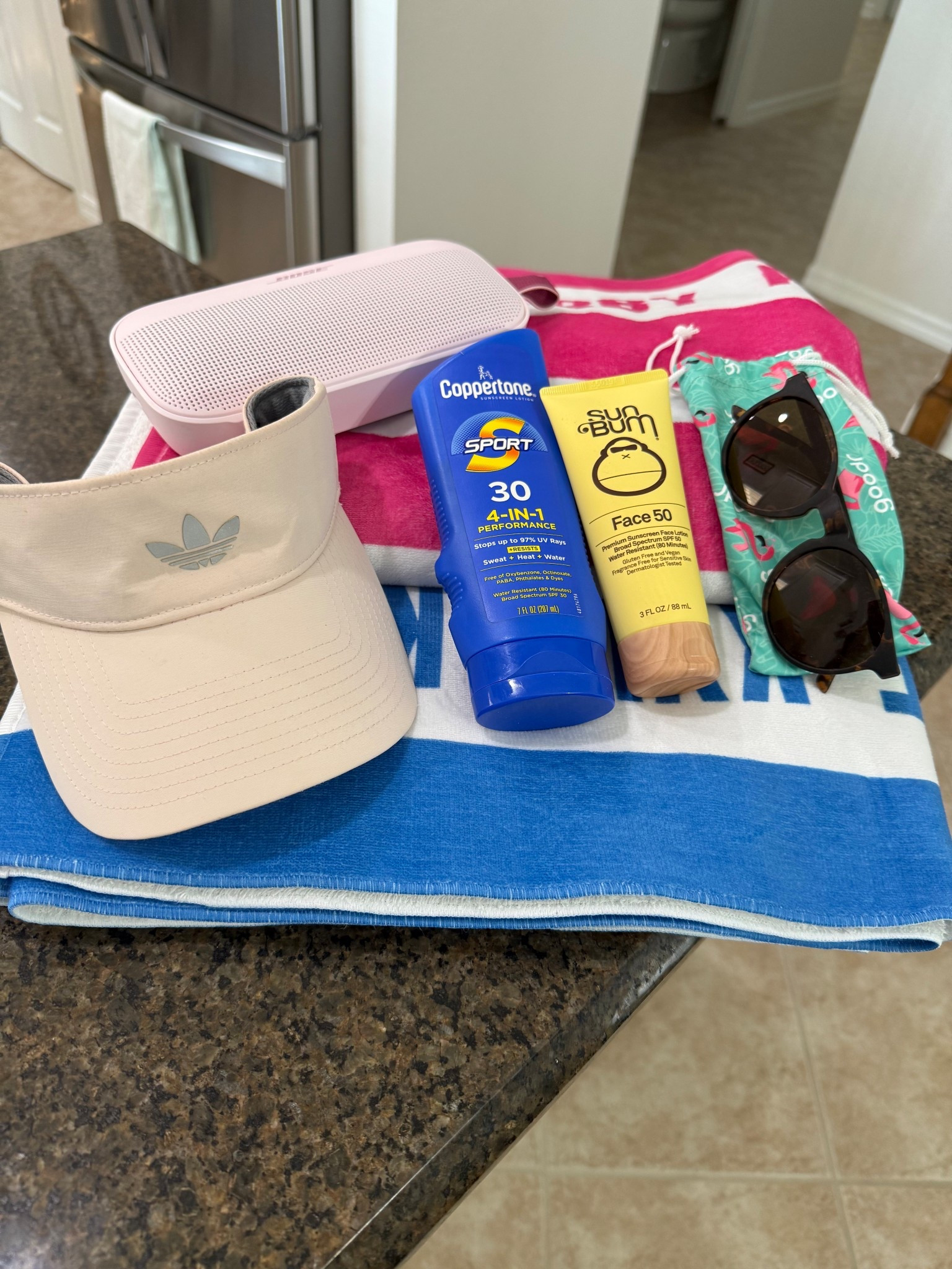 Pool Day must haves! We move our monogrammed towels! They pair perfectly with my Goodr sunglasses, visor collection and Bose speaker! Don’t forget your favorite sunscreen too! We love using SunBum and also Coppertone because it readily available at Disney when I forget mine!  

#LTKdayinmylife #LTKSwim #LTKSeasonal