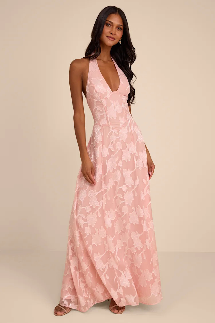 Maira Blush Pink Floral Burnout Halter Maxi Dress | Lulus