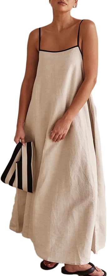 Women Spaghetti Strap Maxi Dress Solid Color Linen Sleeveless A Line Contrast Swing Beach Vacatio... | Amazon (US)