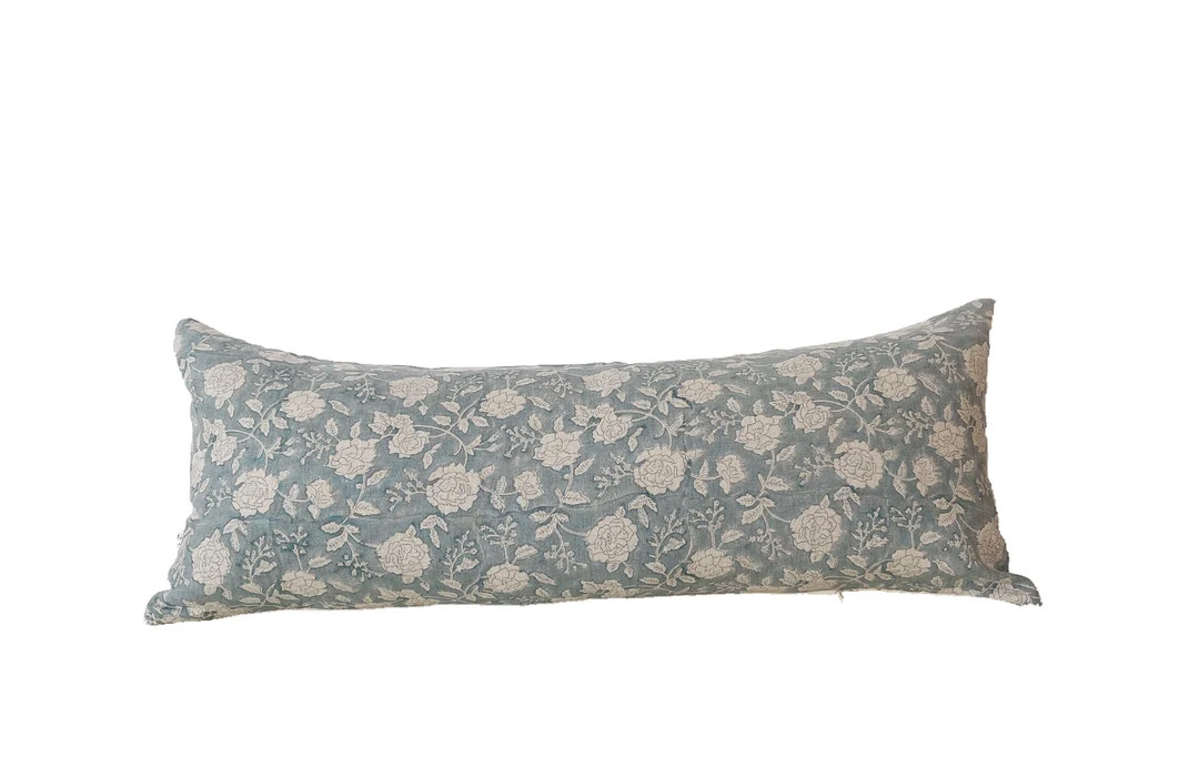 Block Print Linen Pillow, Antique Blue and Natural Floral Linen Pillow Cover, Lumbar Pillow Cover... | Etsy (US)