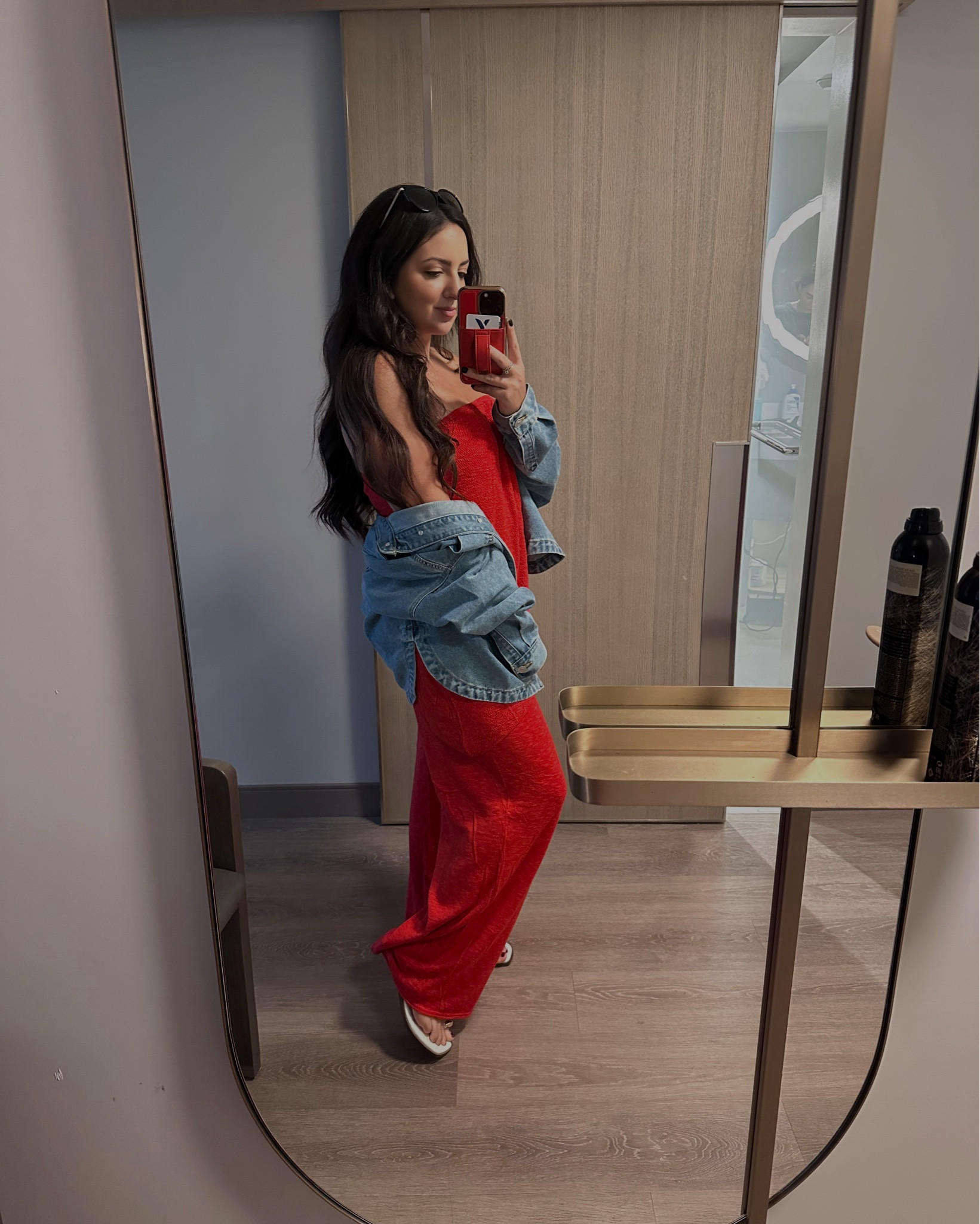 Easy breezy travel OOTD ✨ Cozy red set + oversized denim jacket = comfy but still put-together vibes. Perfect for airport days, errands, or education days in my case! Linking the full look for you! ❤️ #LTKstyle #LTKtravel #LTKunder50