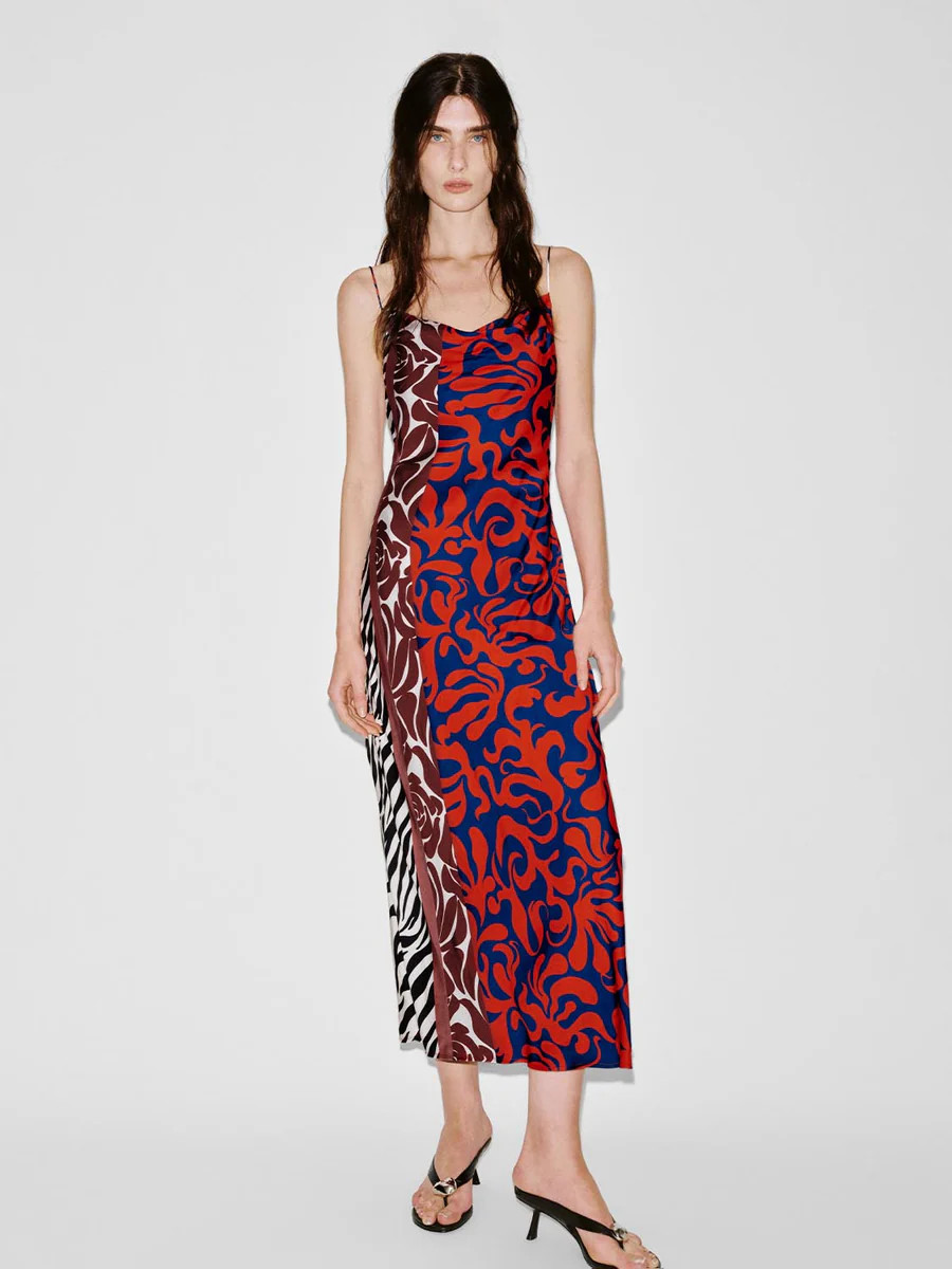 Contrast Printed Strappy Skinny Fit Maxi Dresses | Urban Revivo
