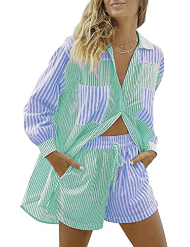SAFRISIOR Women’s 2 Piece Casual Tracksuit Outfit Sets Stripe Long Sleeve Shirt And Loose High Waisted Mini Shorts Set (Medium, Green&Blue) | Amazon (US)