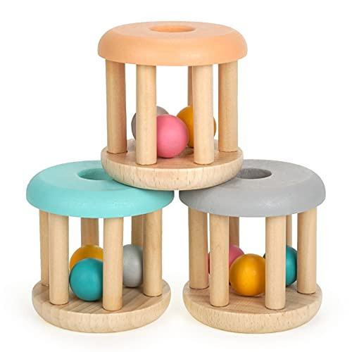 DUCKBOXX XX Montessori Infant Toys, Natural Wood Rolling Rattle Toy for Babies Ages 0m – 2yrs (Burlywood Base - 3pcs) | Amazon (US)