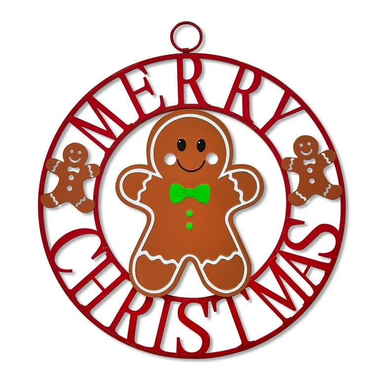 Metal Merry Christmas Gingerbread Man Round Hanging Christmas Sign, Red and Brown, 22", by Holida... | Walmart (US)