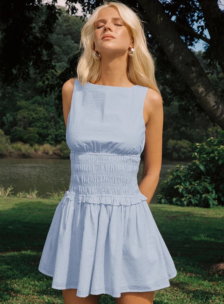 Yennifer Shirred Mini Dress Blue / White Tall | Princess Polly US