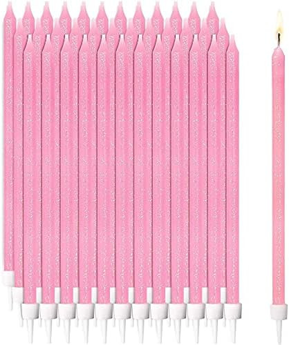 Pink Glitter Confetti Long Thin Birthday Cake Candles in Holders (5 in., 48 Pack) | Amazon (US)