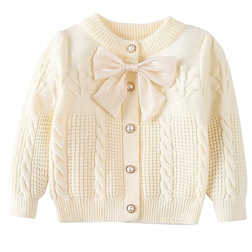 Toddler Long Sleeve Cable Knit Sweater Cardigans Kid Soft Cotton Knitted Cardigan Top Baby Girl Button Up Bowknot Sweater Coat for Fall Winter | Amazon (US)
