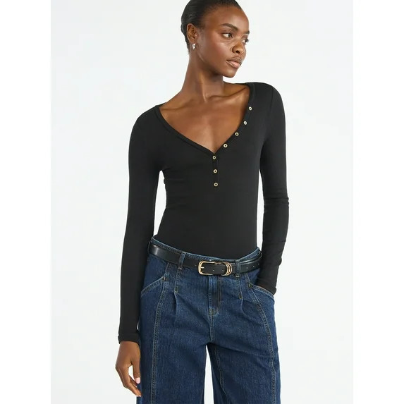 Scoop Women’s Ribbed V Neck Henley Top with Long Sleeves, Sizes XS-XXL | Walmart (US)