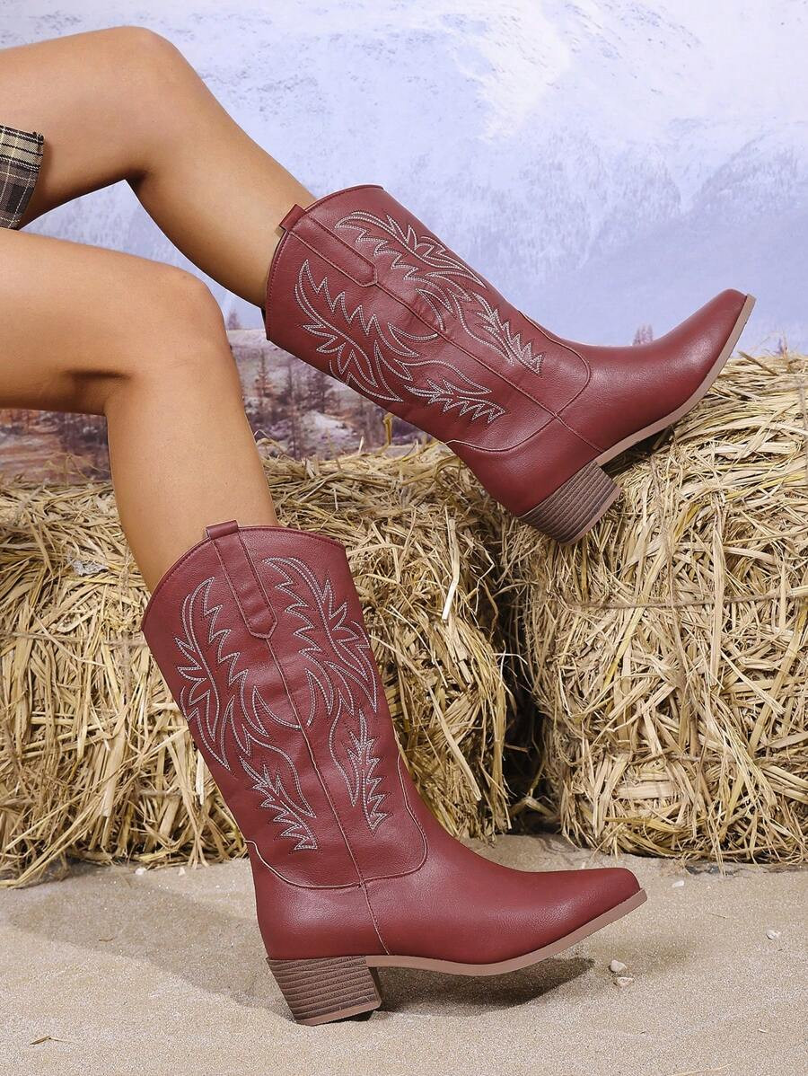 Styleloop Women's New Embroidered Western Boots, Fashionable Personalized Floral Embroidered Chun... | SHEIN