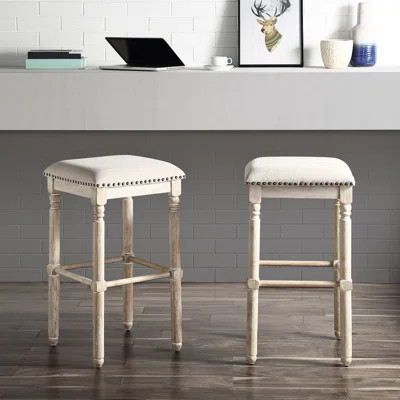 Of 2 Wood Bar Stools In Tan - Airy Structure For Relaxation Upholstered Spot Cleanable Upholstery | Wayfair North America