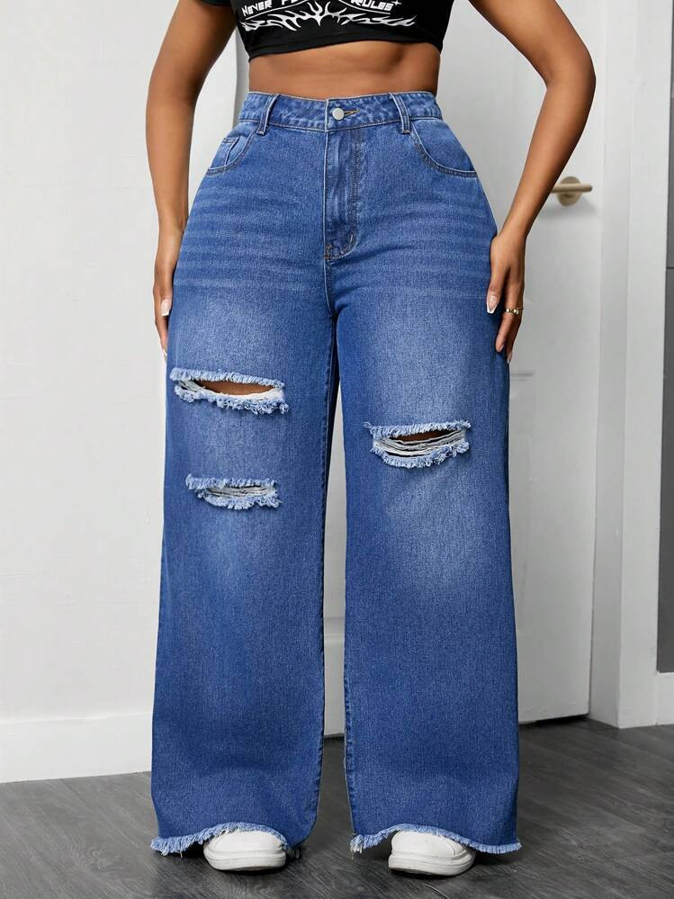 SHEIN ICON Plus Size Women's Loose-Fit Casual Denim Wide-Leg Pants With Ripped Design And Pockets | SHEIN