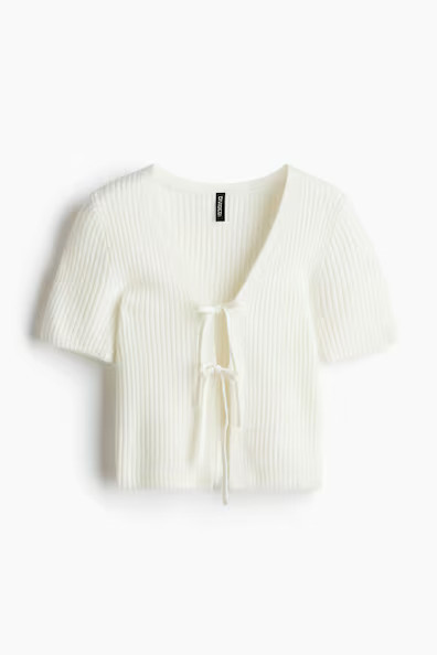 H & M - Tie-Detail Rib-Knit Top - White | H&M (US + CA)