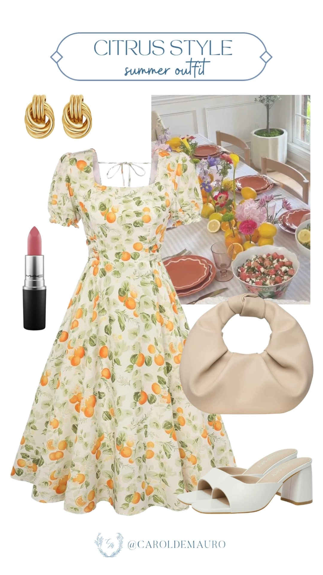citrus, summer outfit, orange print, midi dress, neutral handbag, block heeled, peep toe mules, petite fashion, modest style

#LTKootd #LTKPetite #LTKU