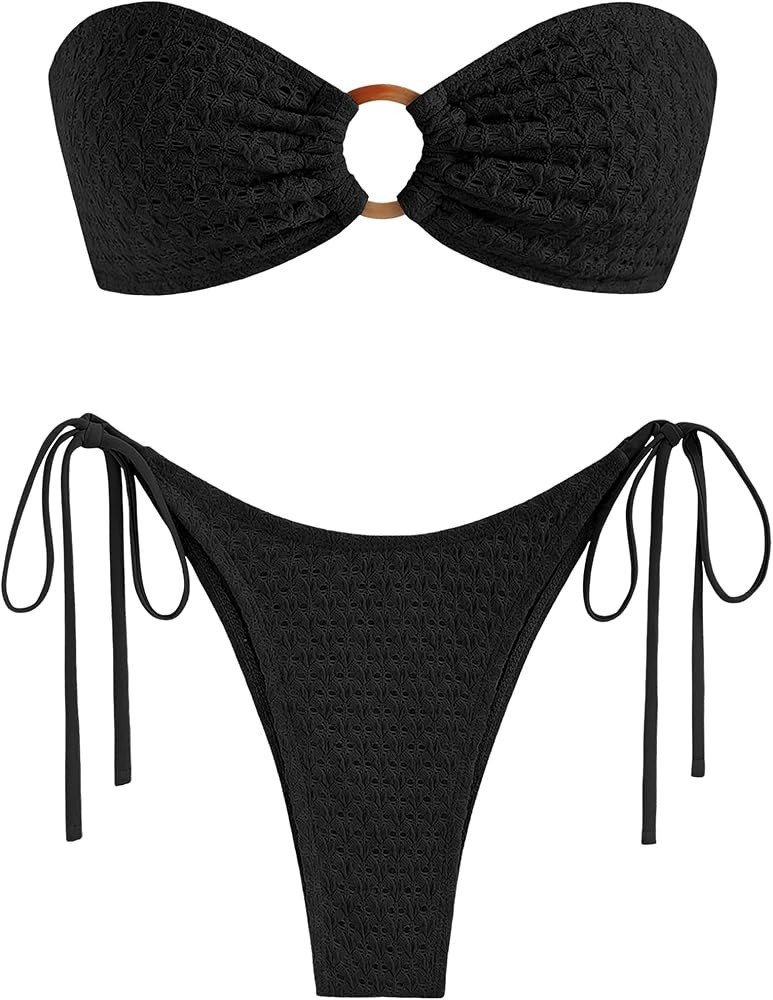 ZAFUL Women's Bandeau Bikini Strapless O Ring Lace Tie Back High Cut Two Piece Swimsuit Bathing S... | Amazon (US)