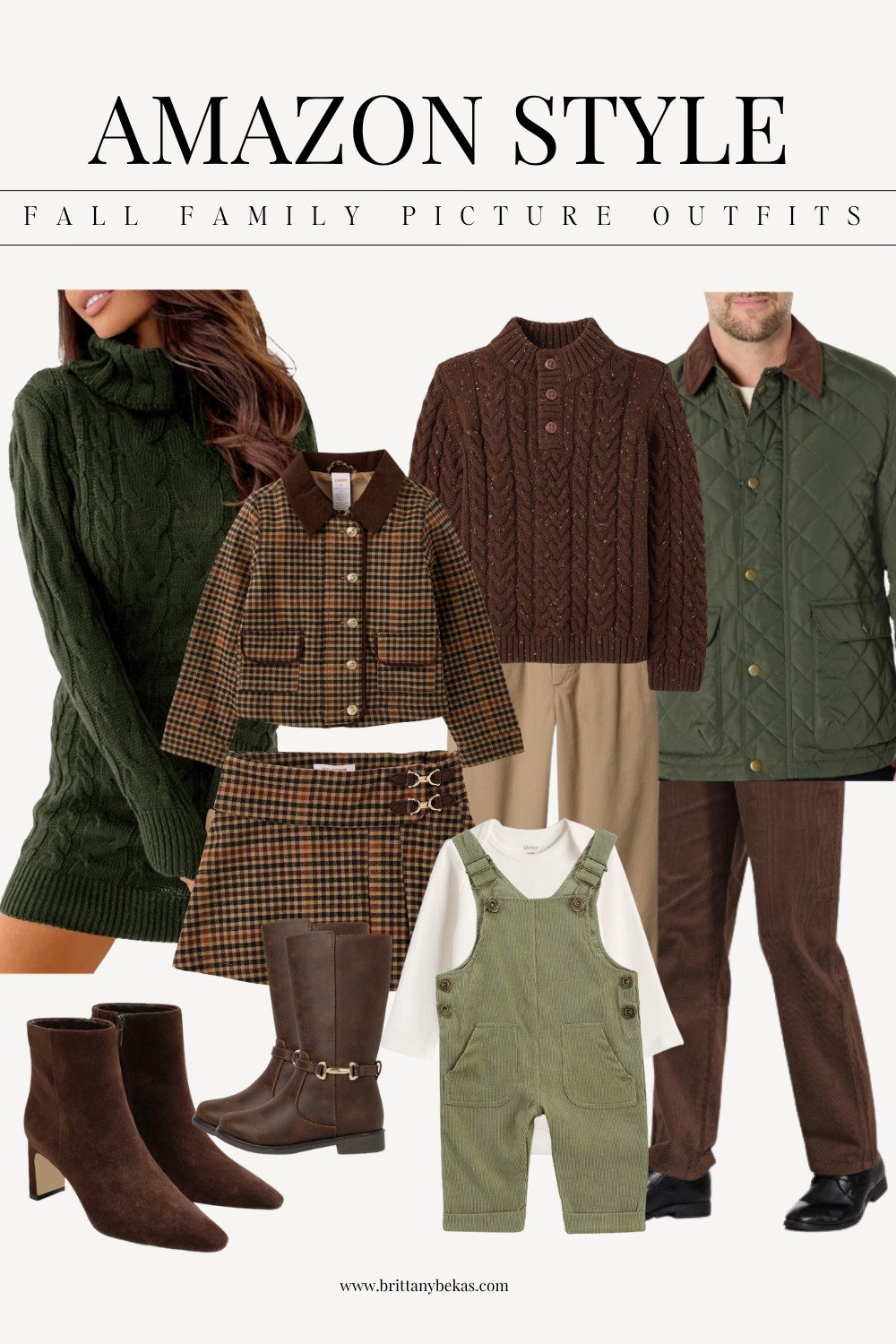 Fall family photo outfits from Amazon in olive green, chocolate brown and plaid 🍂 This palette feels classic but still current for 2026. I love the mix of a dark green sweater dress for mom, brown cable-knit sweater for boys, plaid for girls and olive layers for dad and baby.

These Amazon fashion finds are perfect for fall family pictures, outdoor photos, Thanksgiving outfits and everyday fall style. Think textured knits, corduroy, riding boots and rich earthy colors instead of everyone matching.
 
fall family photo outfits / Amazon fashion / Amazon style / fall outfits / fall dresses / olive green outfits / chocolate brown outfits / plaid fall outfits / family picture outfits / Thanksgiving outfits