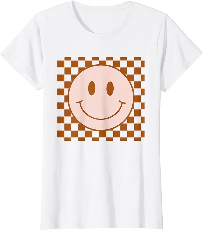 Retro Happy Face Shirt Checkered Pattern Smile Face Trendy T-Shirt | Amazon (US)