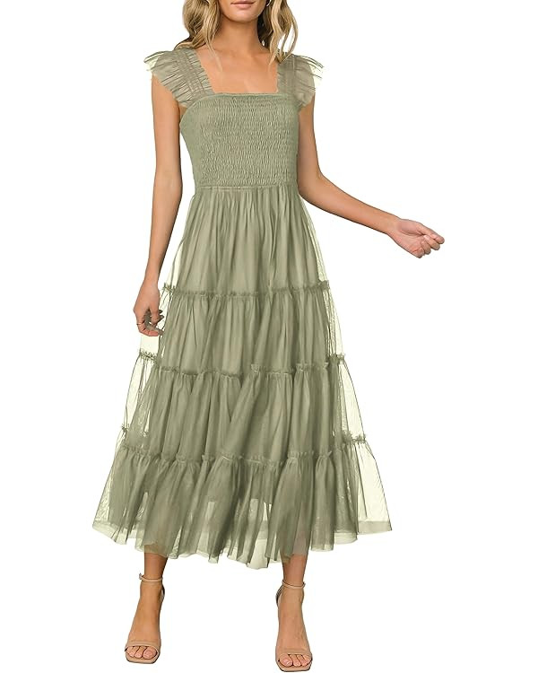 PRETTYGARDEN Women's 2024 Summer Midi Dress Casual Sleeveless Smocked Ruffle Tulle Flowy Beach Su... | Amazon (US)