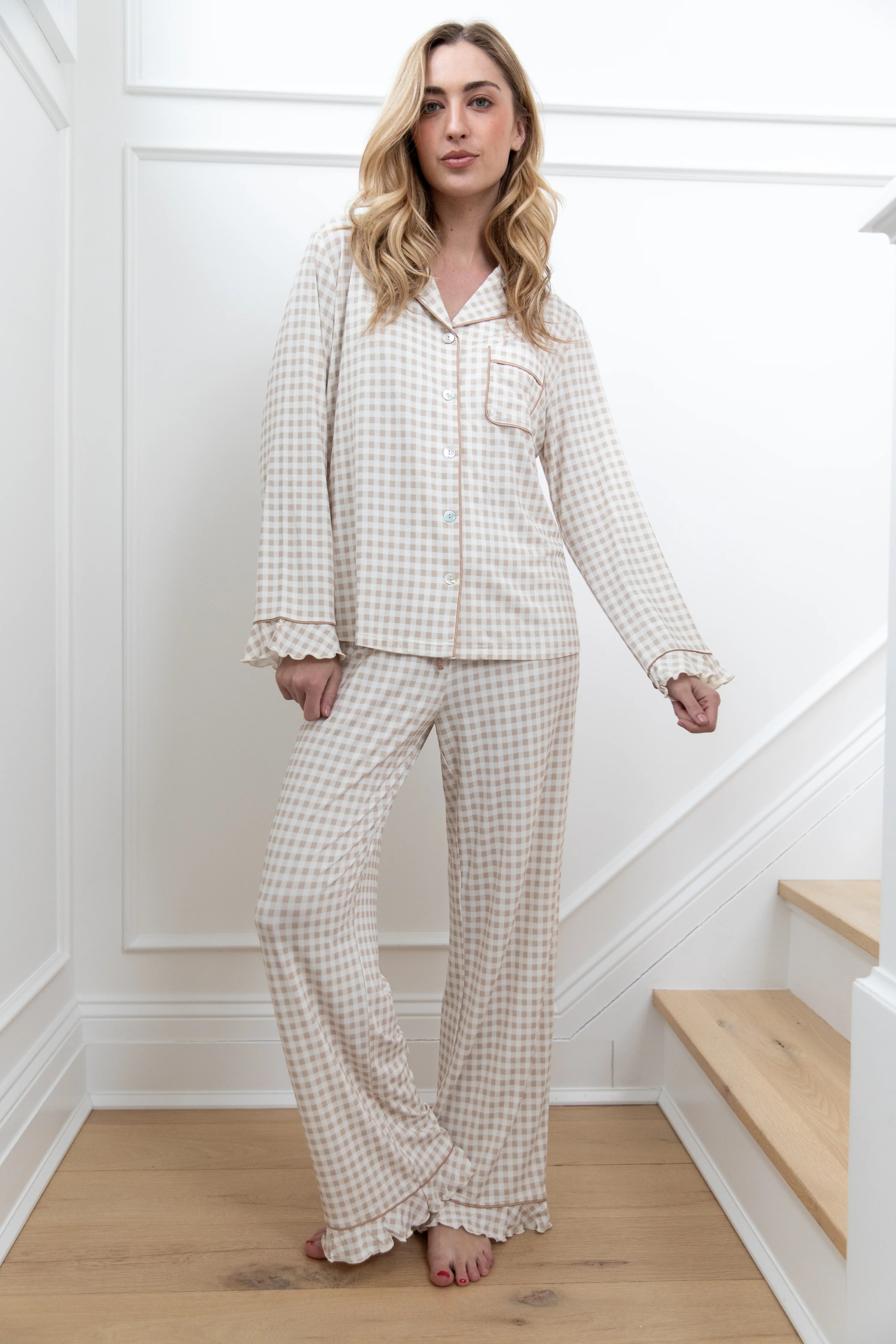 Ruffle Bamboo Pajama Set in Tan Gingham | waverles