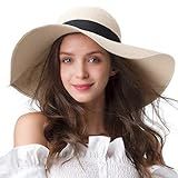 Womens Sun Straw Hat Wide Brim UPF 50 Summer Hat Foldable Roll up Floppy Beach Hats for Women Beige | Amazon (US)