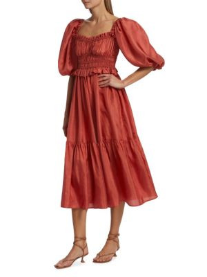 Sea Kyle Puff Sleeve Silk Midi Dress on SALE | Saks OFF 5TH | Saks Fifth Avenue OFF 5TH