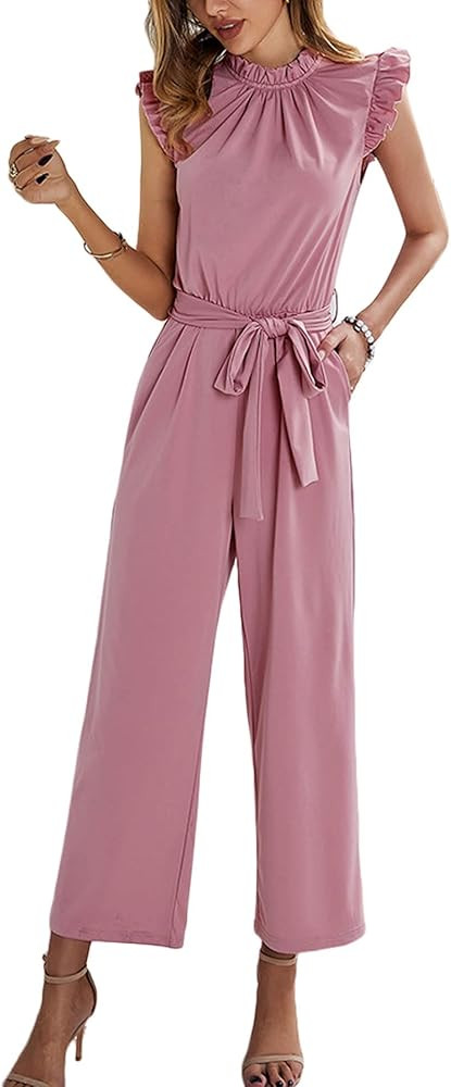 Women's Elegant Work Office Pleated Wide Leg Pants Jumpsuit with Pockets Romper Outfits | Amazon (US)