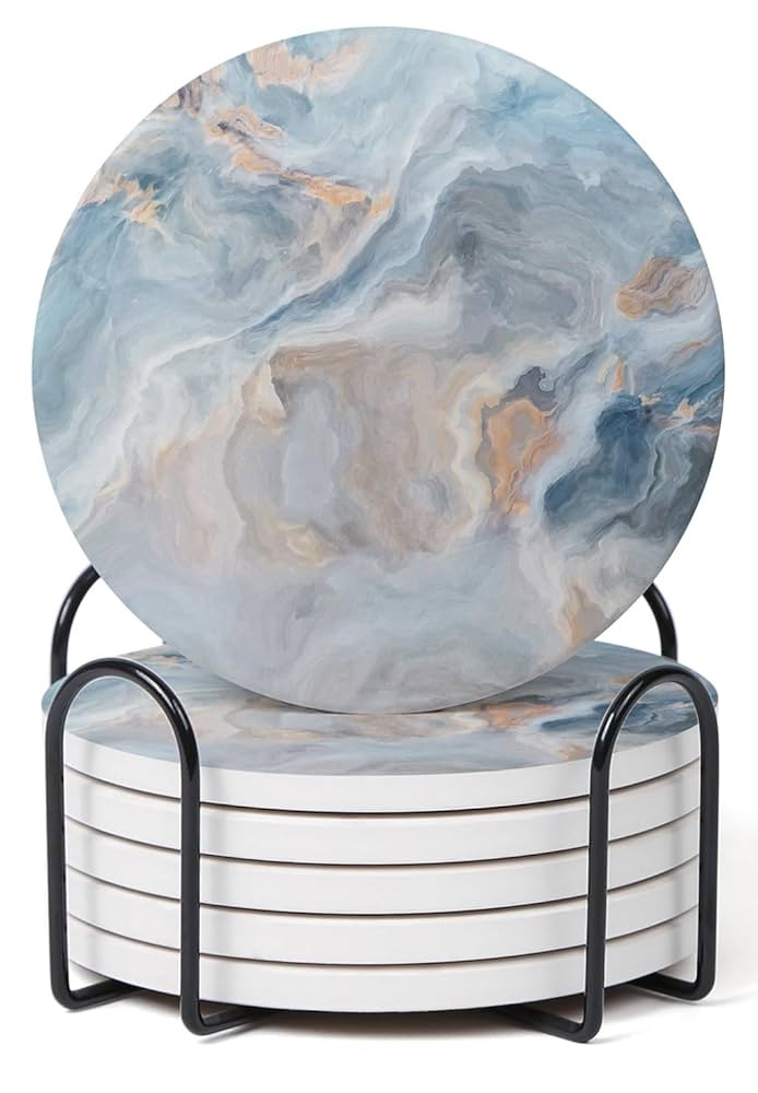 Set of 6 Abstract Blue Marble Coasters with Holder, Absorbent Ceramic Coasters for Drinks, Coaste... | Amazon (US)