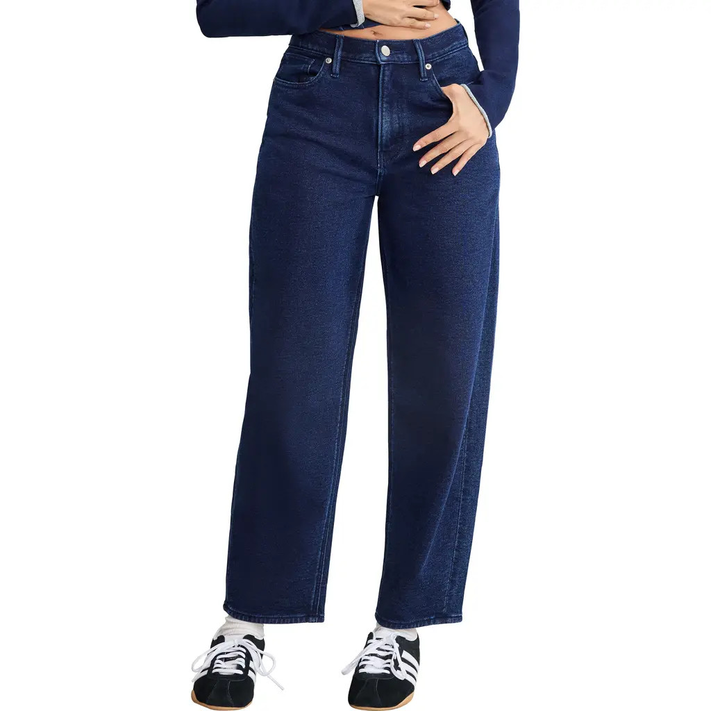 Good American Jeanius Barrel Leg Faux Denim Terry Sweatpants in Indigo1029 at Nordstrom Rack, Size 14 | Nordstrom Rack