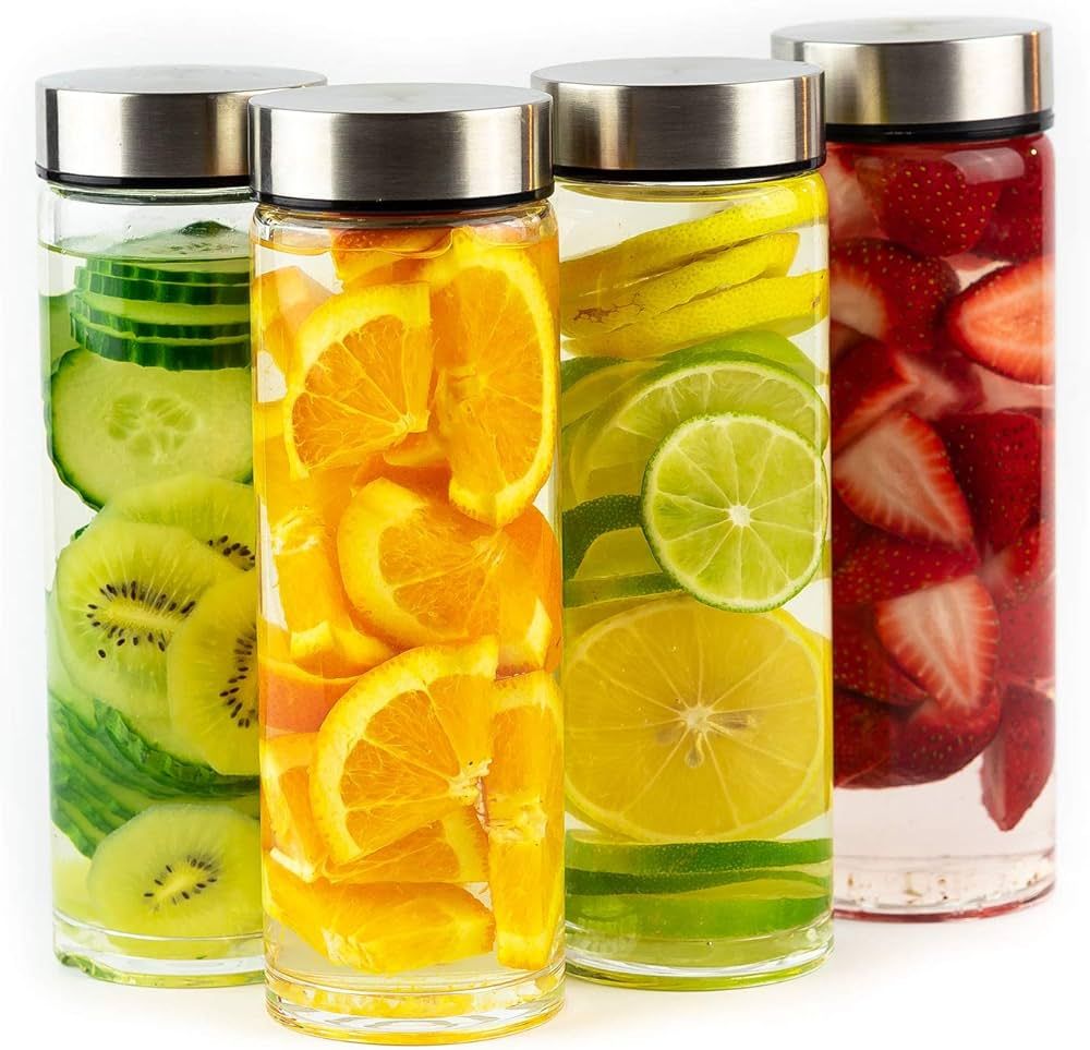 Juice Bottles - 4 Pack Wide Mouth Glass Bottles with Lids - for Juicing, Smoothies, Infused Water... | Amazon (US)