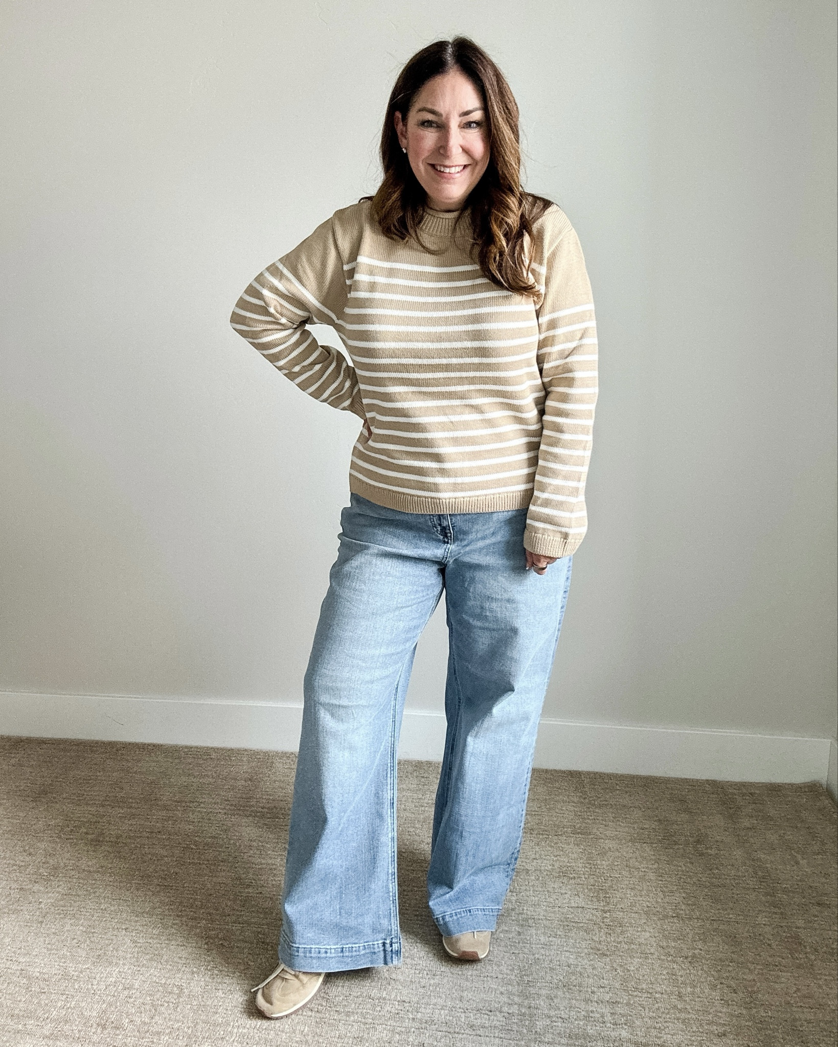 Striped Neutral Sweater and Wide Leg Jeans Everyday Fall Outfit | Wearing Sweater in L and Jeans, size up 14 

 #LTKSeasonal #LTKMidsize #LTKStyleTip