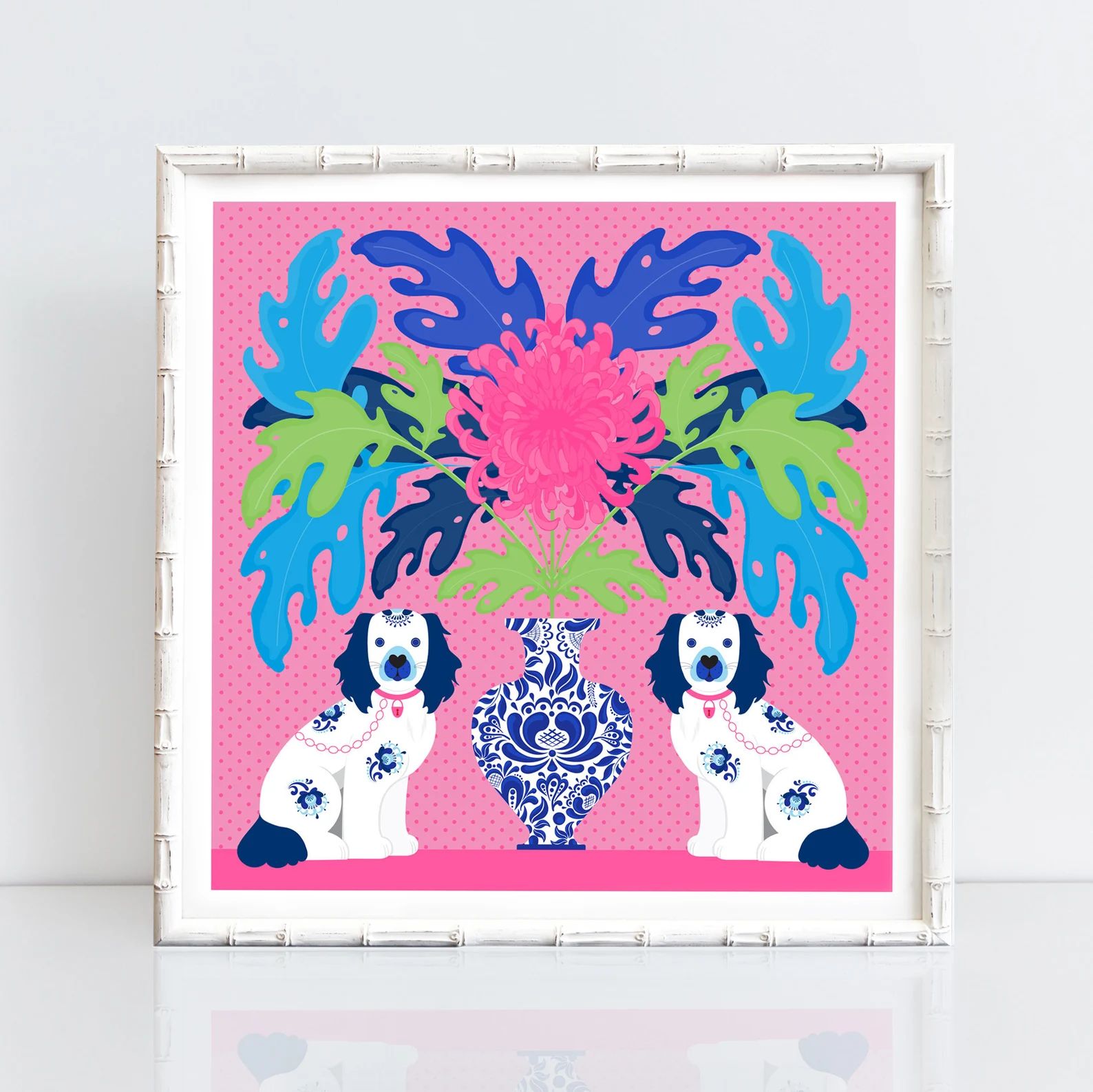 Staffordshire Dogs art print - chinoiserie print, spaniel cavalier dog wall art, bold pink print,... | Etsy (US)