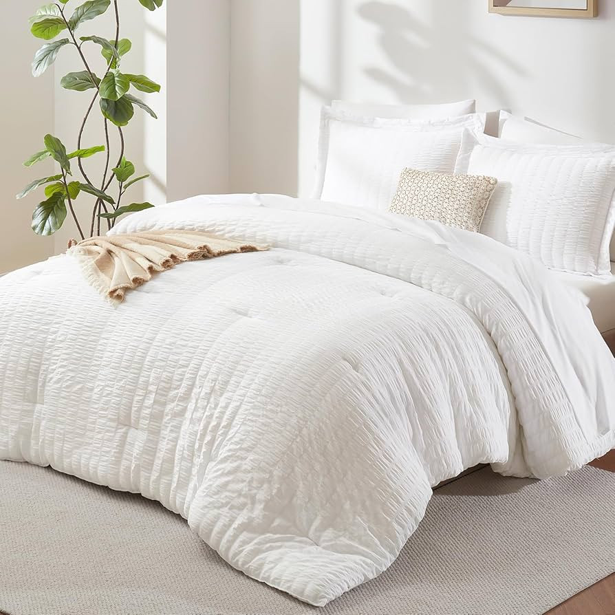 CozyLux Queen Comforter Set White Seersucker 7 Pieces Bed in a Bag Queen Comforter Set with Sheet... | Amazon (US)