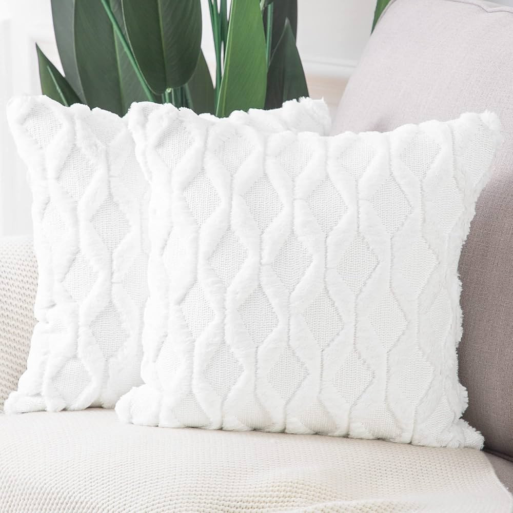 MADIZZ Set of 2 Soft Plush Short Wool Velvet Decorative Throw Pillow Covers 18x18 inch White Squa... | Amazon (US)