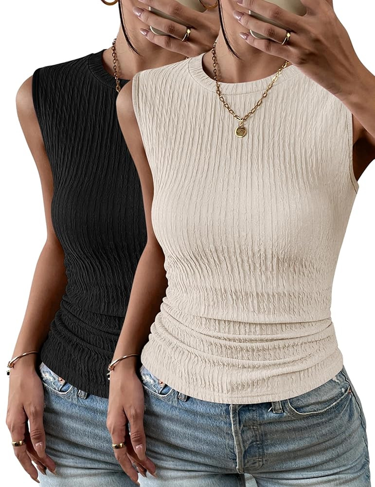 Zeagoo Women's High Neck Tank Top 2025 Summer Casual Ribbed Knit Slim Fitted Basic Textured Sleev... | Amazon (US)