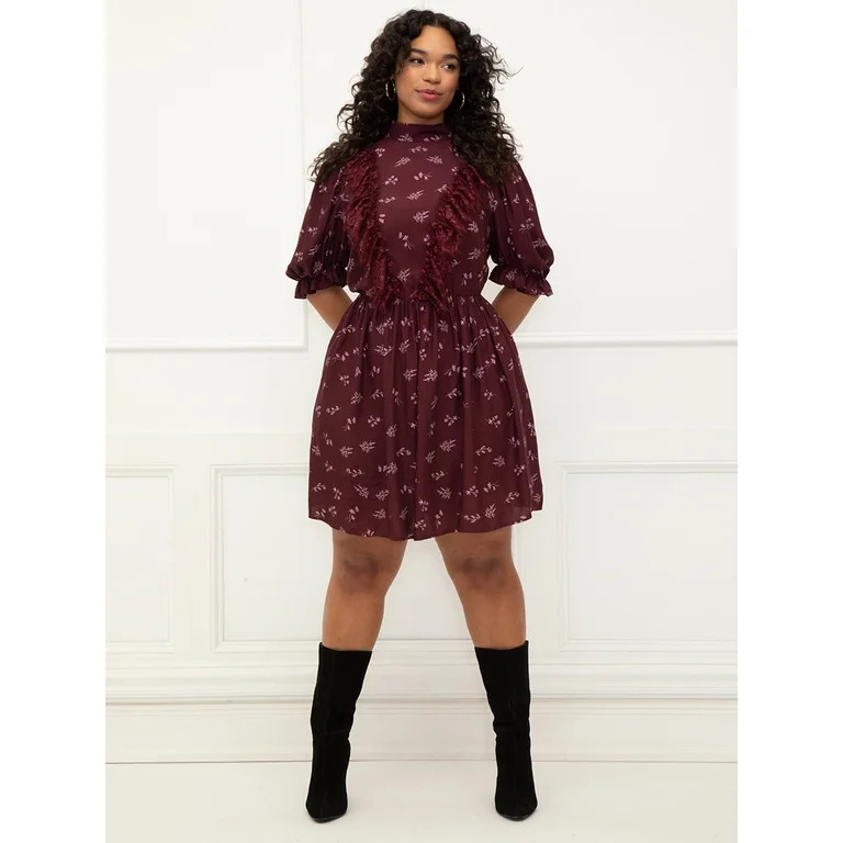 ELOQUII Elements Women's Plus Size Puff Sleeve Dress With Ruffles | Walmart (US)