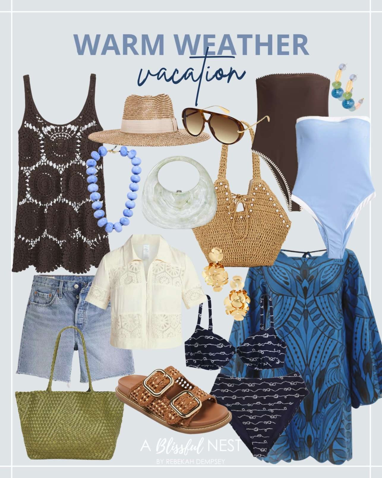 Light layers, breezy textures, and vacation ready staples you will wear on repeat. Grab the look here.
lightweight women’s shorts, trendy oversized sunglasses, long sleeve open back mini dress, marble minaudiere clutch, hat in grey, blue sodalite necklace, crochet style scoop neck mini dress, bikini top and high waist moderate bottom, green handbag, gold floral earrings, blue one piece swimsuit, brown one piece swimsuit, beaded hoop earrings, Collin Sandals, crochet coverup top, posey pearl tote bag. 

 #LTKootd #LTKMidsize #LTKTravel